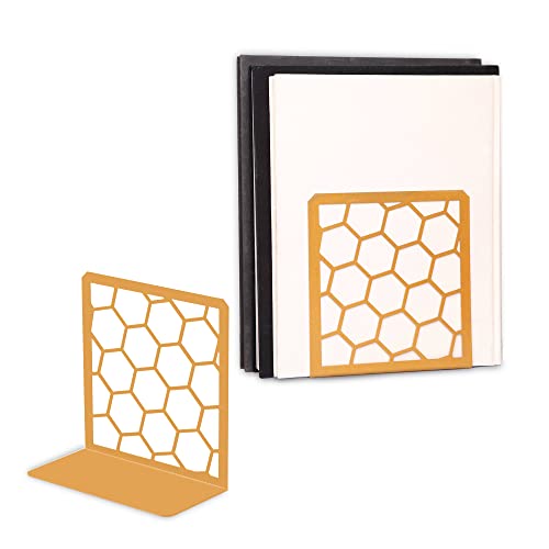 Premium Geometric Gold Honeycomb Bookends For Shelves, Metal Book Ends For Office, L-Shaped Book Stopper, Rustproof Bookends Decorative Unique For Home, 6.25 (L) X 6 (W) Inches, 1 Pair - Geomod #TOP6