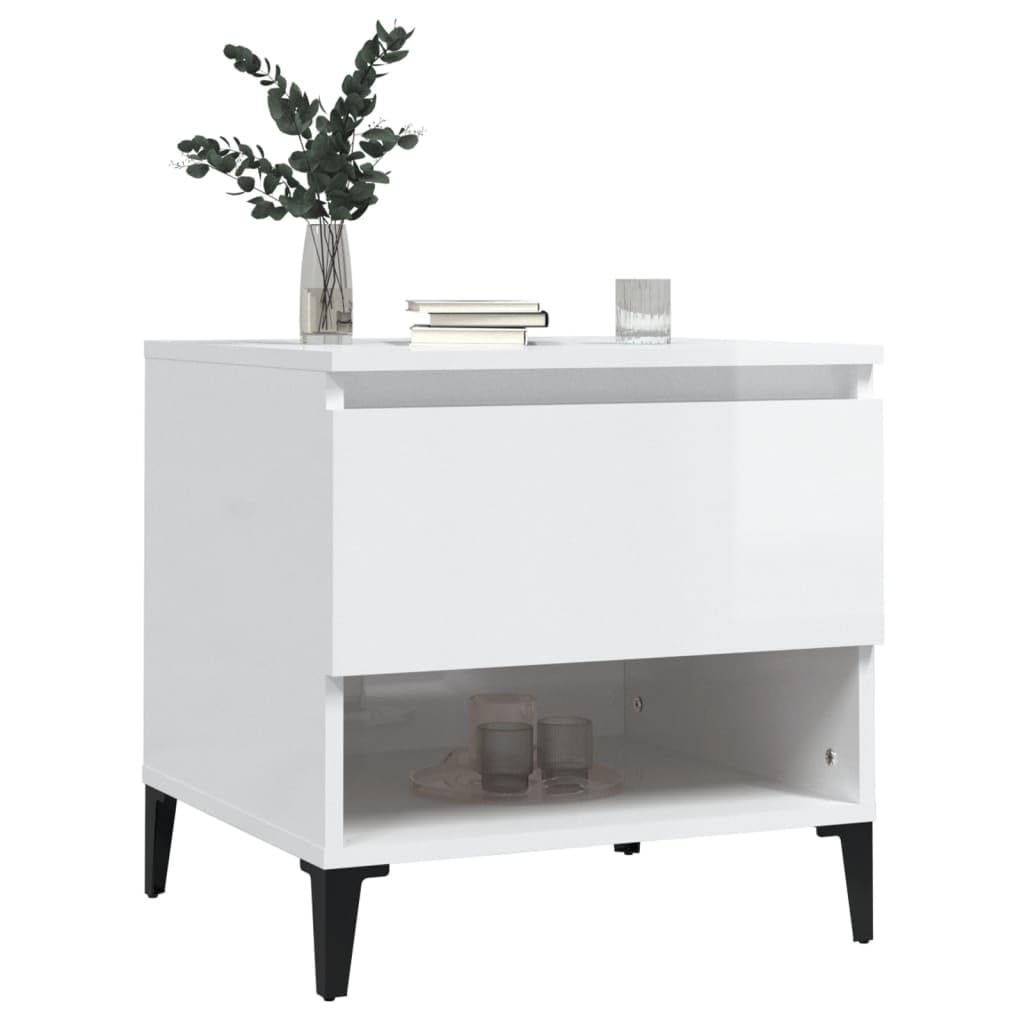 Stoliki pomocnicze 2 szt. biały wysoki połysk 50 x 46 x 50 cm materiał drewnopochodny z szufladą i półką do przechowywania, przemysłowy stolik kawowy z metalowymi nóżkami i uchwytem ściennym