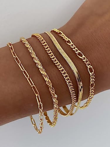 DEARMAY 14K Gold Plated Bracelets for Women Waterproof, Jewelry Sets Trendy Thin Dainty Stackable Cuban Link Paperclip Chain Bracelet Pack Fashion Accessories Gifts for Womens - Image 3