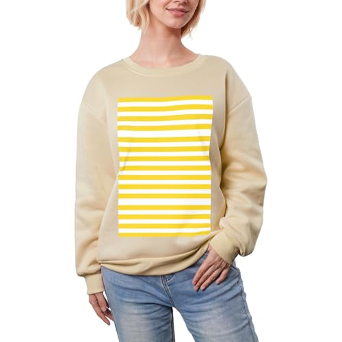 DUWAA Sudadera gruesa con forro polar cálido y estampado de rayas amarillas, de gran tamaño, cuello redondo, ropa casual de moda para mujer, albaricoque, XL