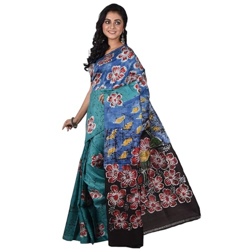 Image of 3stones Women's Mulberry Silk Saree | Printed Handwoven, Hand Batik Pure Saree with Unstiched Blouse Material Piece | Suitable for All Indian Weddings & Festivals | Traditional flower Prints
