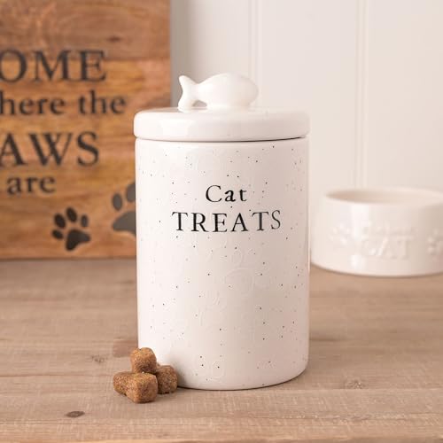Tarro de cerámica blanca con huellas de patas para comida de gatos 3