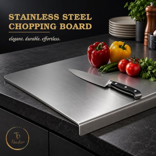 Image of True Decor Stainless Steel Chopping Board for Kitchen - Large Heavy Duty Cutting Board with Lipped Edge | Double-Sided Metal Vegetable Chopper Board | Rust-Proof Silver Countertop Board