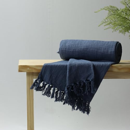 Image of Cotton Jute Sofa Throw Handmade 50x60 Inch Solid Blanket for Bedroom Soft Throw for Living Room, Bed, Couch and Chair Reversible and Breathable (Blue)