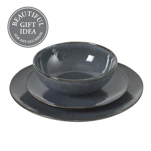 Image of Gibson Elite Sandy Pines Stoneware Plates and Bowls Set - 12 Piece Reactive Glaze Dinnerware Set - Service for 4 - Dishwasher and Microwave Safe - Blue
