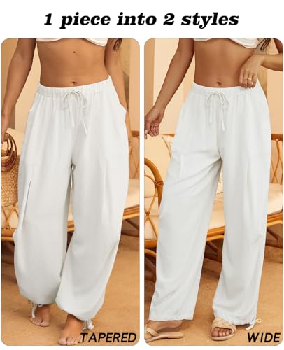 Image of Women's Linen Balloon Barrel Beach Pants Boho Harem Flowy Drawstring Casual Loose Pants with Pockets