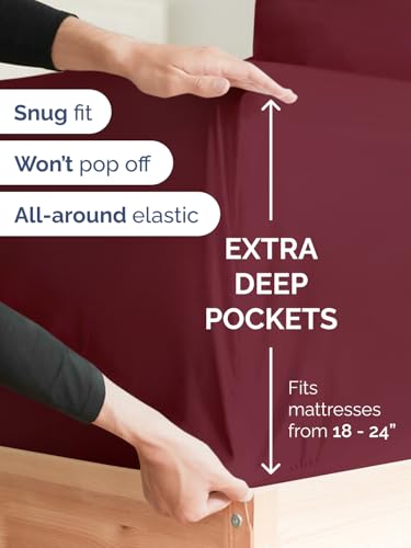 Image of Extra Deep Cal King Sheet Set - 6 Piece Breathable & Cooling - Burgundy | Hotel Luxury Bed Sheets Set, Easy & Secure Fit, Ultra-Soft, Wrinkle & Fade Free, Comfy Sheets Set with Extra Deep Pockets