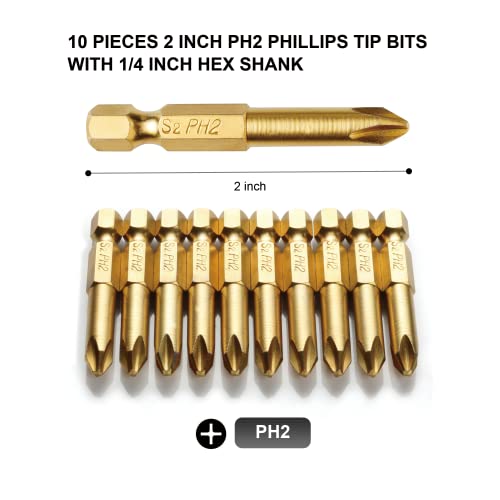 Vesttio Titanium Coated Ph2 Phillips Tip Screwdriver Bit Set 2 Inch/50Mm Length 1/4 Inch Hex Shank For Power Screwdriver Cordless Drill Impact Driver #TOP1