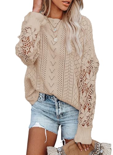 Maavoki Jersey de Punto para Mujer, de Encaje, Informal, Cuello Redondo, de Manga Larga, Elegante, Monocolor, Patchwork, Parte Superior de Punto, Manga Larga, Beige, M