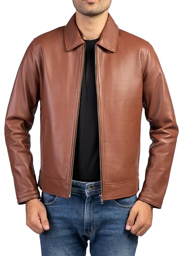 Image of Jild Polo Collar Premium Leather Jacket Men - Old School Classic Style Everyday Wear Real Lambskin Mens Leather Jacket