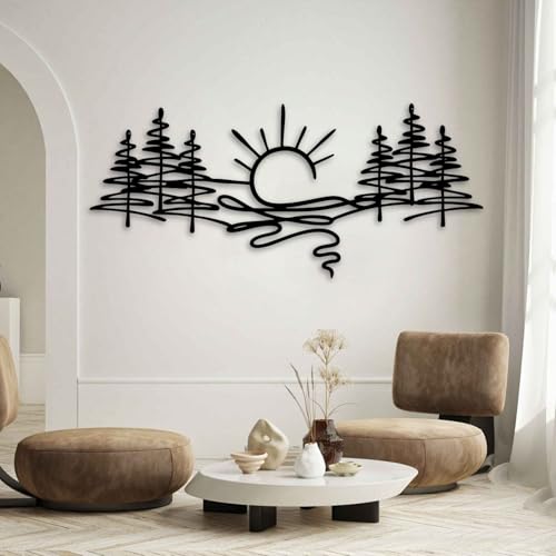 yumcake Metal Mountain Sunset Wall Art,Metal Sun Wall Art,Forest Wall