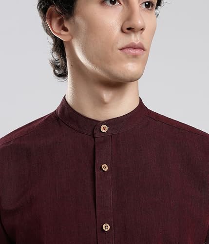 Image of TURMS Men's Casual Solid Linen Shirt | Water Repellent | Anti Stain Anti Odor | Kansas Linen | Mandarin Collar | Full Sleeves