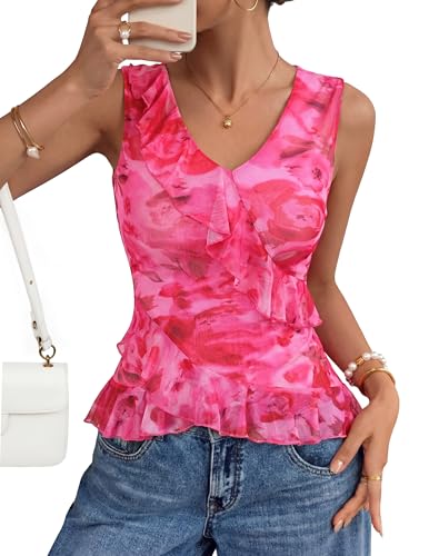 ZESICA Women's Summer Going Out Tops Sleeveless V Neck Floral Y2K Shirts