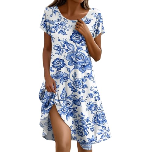 Vestido manga corta con estampado floral retro bohemio y cuello redondo midi