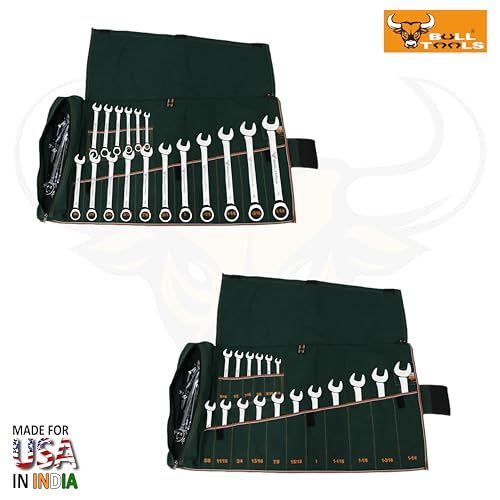 Image of BULL TOOLS SAE Ratcheting Wrench Roll Organiser SAE, 17+1 SAE Roll, with Zip Pouch, Made from Durable Recycled Cotton Canvas for Mechanics, DIYers, Home - Olive Green - (Tools are not Included)