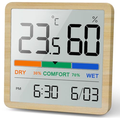 NOKLEAD Hygrometer Innenthermometer - Digitalanzeige mit Temperaturüberwachungssensor, kleines genaues Feuchtigkeitsmesser mit Uhr für Babyzimmer Küche Gewächshaus (Wood Grain)