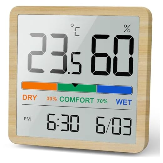 NOKLEAD Hygrometer Innenthermometer - Digitalanzeige mit Temperaturüberwachungssensor, kleines genaues Feuchtigkeitsmesser mit Uhr für Babyzimmer Küche Gewächshaus (Wood Grain)