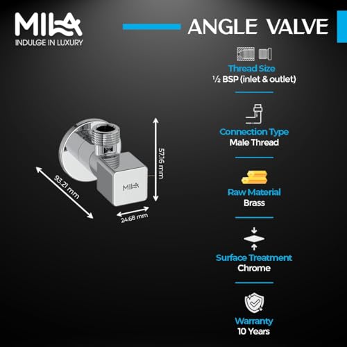 Image of Mila Square Brass Angle Valve with Wall Flange - Pack of 2 | Mirror Chrome Finish | Quarter Turn Cartridge | inch BSP Male Thread Inlet & Outlet | Durable, Leak-Proof, Multi-Purpose| 10-Year Warranty