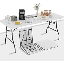 6Ft Folding Table, Portable Party Tables for Outdoor/Indoor, Heavy Duty Foldable Table 6 Foot Long, No Need Assembly Fold-in-Half Plastic Tables for Party, Event, Camping, Picnic 6ft, White