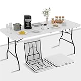 6ft Folding Table - Heavy Duty Portable 6 Foot Plastic Table with Fold-in-Half Design & Carry Handle, Indoor Outdoor Utility Table for Dining, Camping, Parties, Picnics, Tailgating (6FT, White)