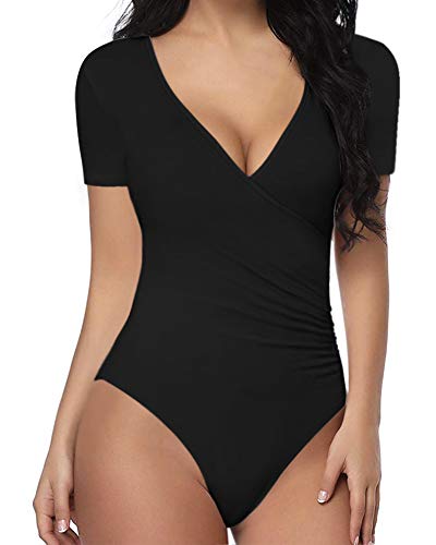 MANGOPOP Women s Cross Wrap Ruched Plunge Neck Deep V Long Sleeve Short Sleeve Bodysuits (B Short Sleeve Black, Medium)