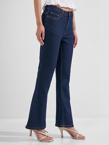 Image of Tokyo Talkies Women Blue Solid Mid Rise Bootcut Jeans