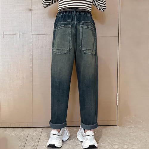 Girls Baggy 𝐒tretch Jeans Straight Leg 𝐃rawstring High Waist Pants Fall Elastic Waisted Denim Trouser with Pokets4