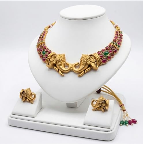 Image of Gold-Plated Antique Temple Jewellery Set for Women - Traditional Necklace with Large Peacock Pendant & Matching Jhumka Earrings | Ethnic Festive & Bridal Wear Set with Ruby & Emerald Accents
