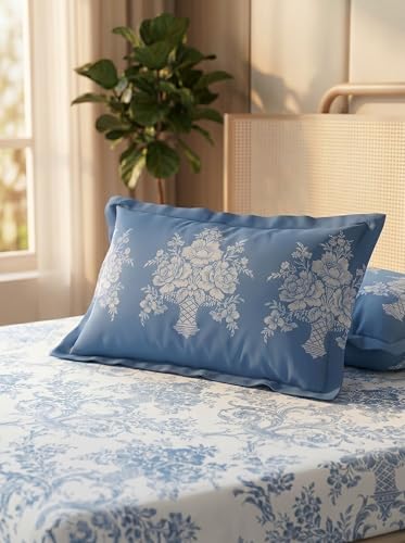 Image of DDECOR Live Beautiful 100% Cotton 145TC Ethnic King Bedsheet with 2 Pillow Covers | Rotary Printed Breathable Fabric | 224 CM X 254 CM | Luxury Bedding for Home | Cresta Collection | Faded Denim Blue