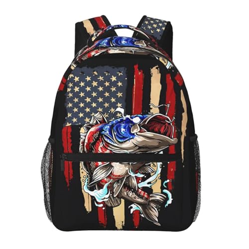 KOSUES Vintage Fishing American Flag Bass Fishing Fisher Laptop Backpacks Double Shoulder Laptop Pack Bag Daypack Back Pack Bags Rucksack Computer Bag with Side Pockets Front Zipper Pockets