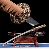 HERO SWORD Top Japanese Wakizashi Real Hitatsura Hamon Clay Tempered Warrior Theme Wakizashi Razor Sharp Authentic Samurai Sword Middle Length Real Hamon Blade Combat Ready Brown