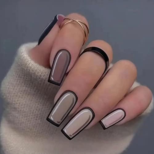 JUSTOTRY 24 Pcs Fake Nails Long, Glossy Black French Press on Nails Patterns, Pretty Nude Ballerina Stick on Nails for Women, Acrylic Coffin False Nails Medium with Glue for Nail Art