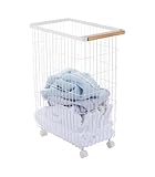 Yamazaki Home Wire Slim Saving Rolling Wheeled Clothing Hamper | Steel + Wood | Laundry Basket, One Size, White