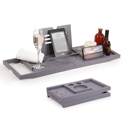 Woodluv Extendable Bamboo Bath Tray, Bathtub Tray Bathroom Caddy with Wine Glass, Candle, Phone, Tablet, Book Holder - Foldable Bath Board for Spa Experience - Adjustable Bath Rack, Dark Grey