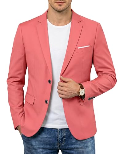 YND Men's Two Button Slim Fit Blazer, Casual Lightweight Suit Jacket Sport Coat Pink