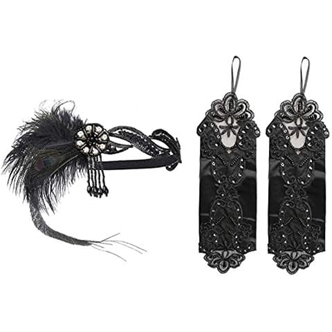 zhuochuan 1920s Feather Headpiece Vintage, 1920’s Flapper Headpiece Black Feather Headband with Long Black Fingerless Gloves for Party Decorations Accessories Cover
