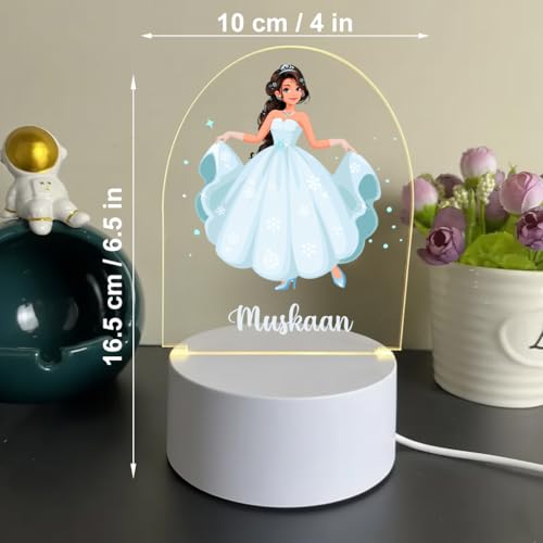 Image of SNAPTRAP LED Name Light Customized for Girls | Personalized Princess Acrylic Night Lamp with Custom Name | Fairy, Ballerina & Royal Dress Designs | USB Nursery Night Light Gift (Ice Blue)