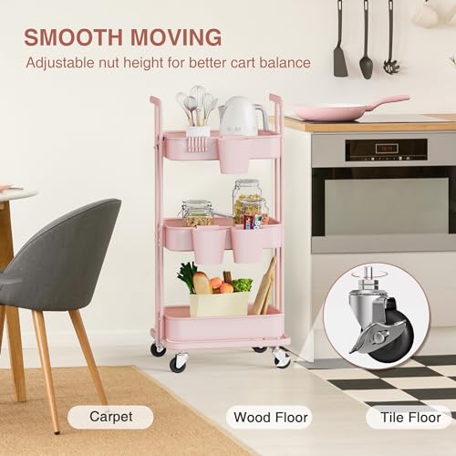 Image of DTK 3 Tier Foldable Rolling Cart, Metal Utility Cart with Lockable Wheels, Folding Storage Trolley for Living Room, Kitchen, Bathroom, Bedroom and Office, Pink