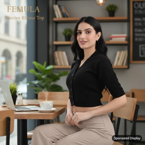 Image of Women Winter Wear V-Neck Half Sleeves Regular Fit Woollen Blouse