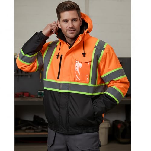 Image of sesafety Reflective Jacket for Men, High Visibility Jackets, Safety Jackets for Men, Hi Vis Construction Bomber Jackets Waterproof with Pockets and Zipper, Black Bottom, Class 3