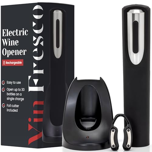 Rechargeable Electric Wine Bottle Opener - Charging Base and Foil Cutter Included with Automatic Wine Opener - Electric Corkscrew for Easy Cork Removal - Best Gift for Wine Lover (Black & Silver)