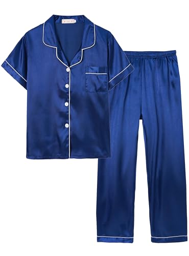 Unisex Kids Boys and Girls Pajama Sets Summer Short Sleeve Long Pants 2pcs Silky Sleepwear Button Down Loungewear