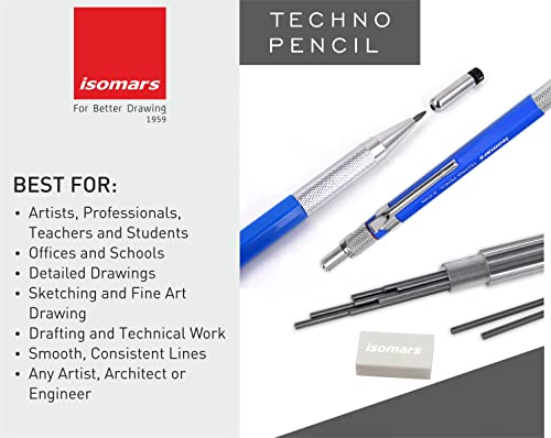Image of Isomars Draftex 2B Mechanical Pencil Set - 0.5mm & 2mm Blue Technical Pencils with Graphite Leads & Erasers | Drafting, Drawing, Sketching, Engineering & Writing Set of 2
