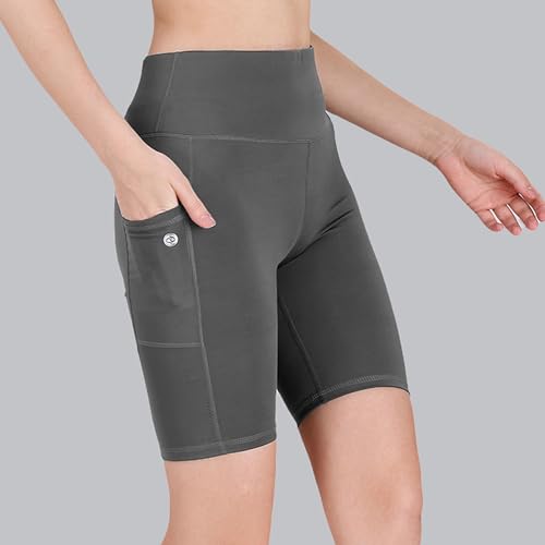 Image of SOIE Women Polyester Blend Sports Shorts High Waist Knee Length with Side Pocket Quick Dry Squat Proof Athleisure Shorts for Workout