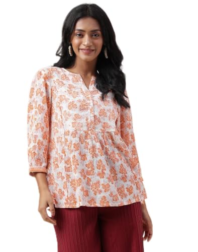 T-shirt brodé femme orange Fabindia coupe standard en coton premium S