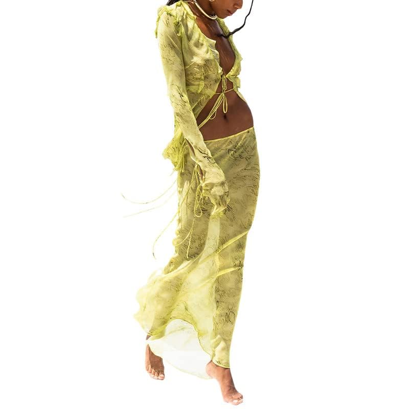 Women 2 Piece Maxi Skirt Set Sexy Lace Up Tank Top High Waist Long Skirt Set2