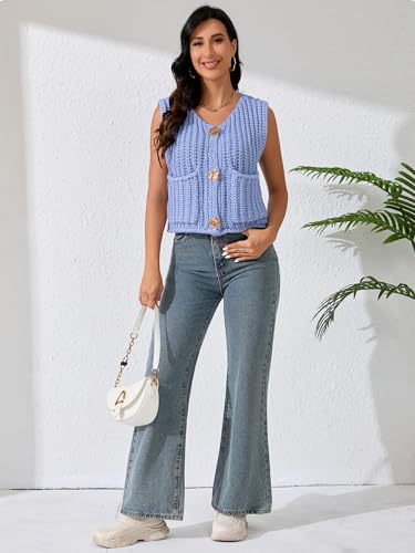 Image of Women Sleeveless Knit Sweater Vest Crochet Chunky Button Down Cardigan Crop Vests Tops with Pockets