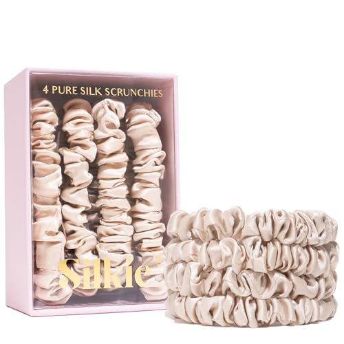 SILKIE x4 Set 100% Pure Mulberry Silk Black Brown Chocolate Pink Nude Neutral Skinny Scrunchies Travel Pouch Everyday Hair Ties Elastics Hair Care Ponytail Holder No Damage (Champagne)