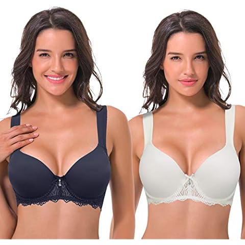 Curve Muse Women's Lightly Padded Underwire Lace Bra with Padded Shoulder Straps-2PK-Black Iris,Cream-38D-V2 Cover