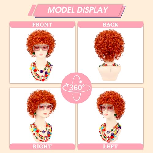 Image of Women Roper Curly Orange Red Cosplay Wig with Necklace Earrings and Sunglasses for Women Hallween Costume Wig